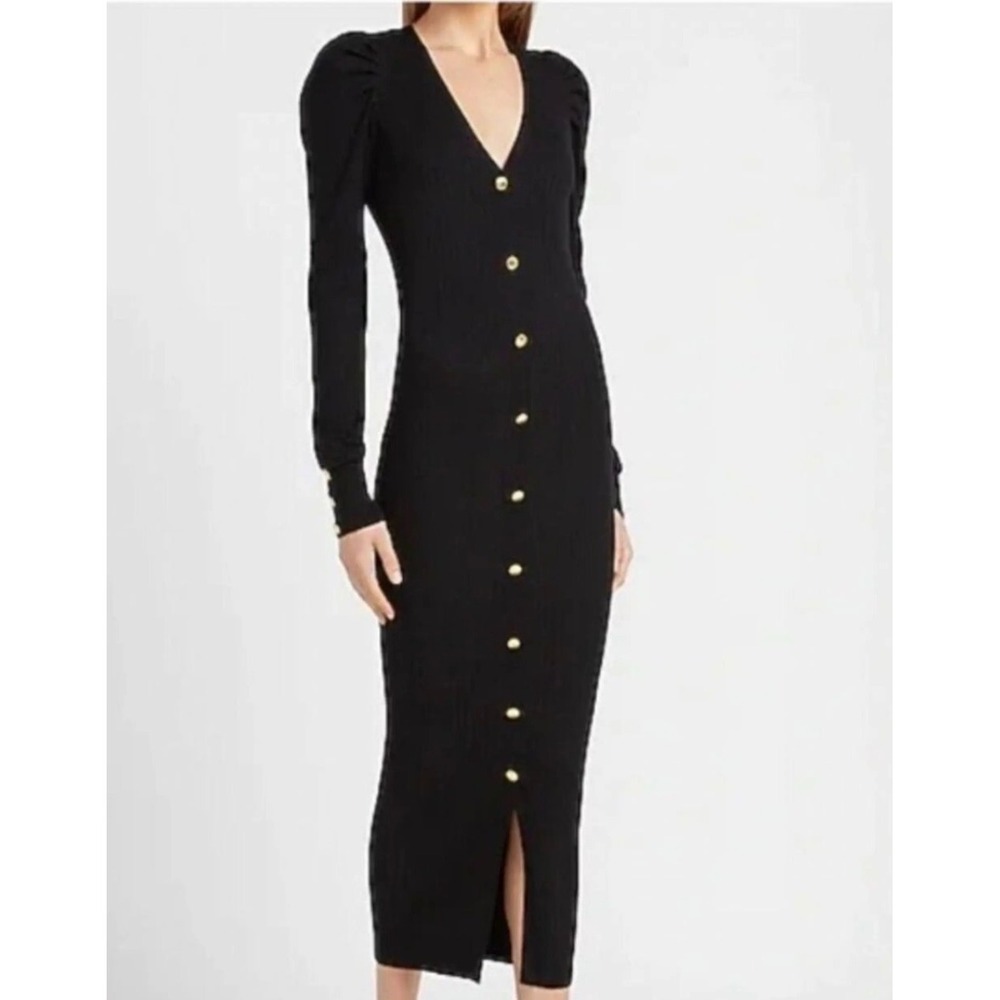Express Womens Black Ribbed Knit Puff Shoulder Gold Button Midi‎ Dress Small